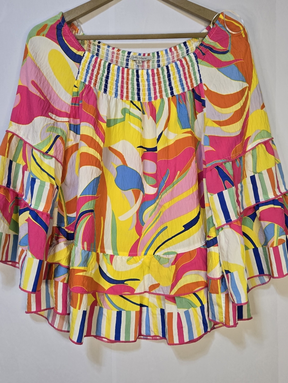 JOHN MARK Women's Size S Off-the-Shoulder Colorful Abstract Print Ruffle Top NWT